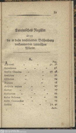 Lateinisches Register über die in dieser vorstehenden Beschreibung vorkommenden lateinischen Wörter