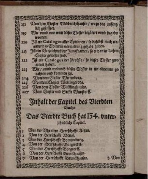 Inhalt der Capitel des Vierdten Buchs