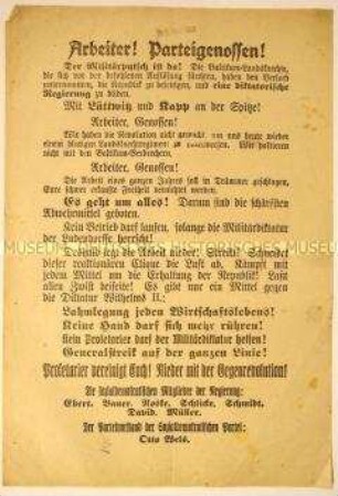 Programmatischer Aufruf der sozialdemokratischen Regierung zum Arbeitergeneralstreik - gegen Militärputsch und diktatorische Kapp-Lüttwitz-Regierung