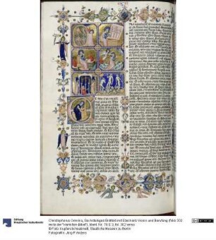 Sechsteiliges Bildfeld mit Ezechiels Vision und Berufung (folio 302 recto der "Hamilton-Bibel")