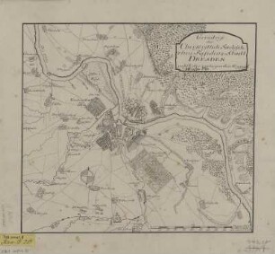 Plan von Dresden, ca. 1:35 000, Handzeichnung, um 1740 : Grundriss der Churfuerstlich Saechschschen Residenz-Stadt Dresden : nebst der umliegenden Gegend. - [Ca. 1:35 000]. - [S.l.] , [um 1740]. - 1 Kt. : Handzeichng. ; 31 x 28 cm