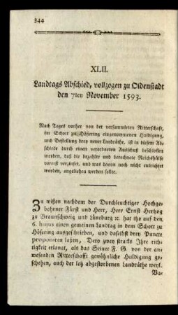 XLII. Landtags-Abschied, vollzogen zu Oldenstadt den 7ten November 1593.