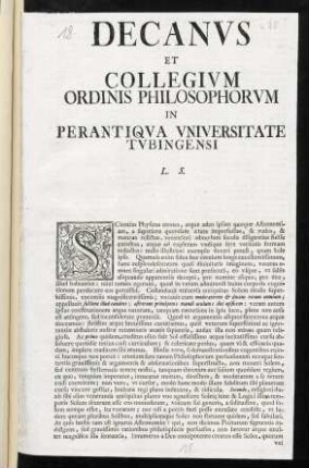 Decanvs Et Collegivm Ordinis Philosophorvm In Perantiqva Vniversitate Tvbingensi L. S.