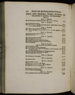 Inhalt dieser Füstlichen Kirchen-Ordnung, und Verzeichniß der Capittel, und sonderlichen Puncten.