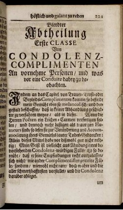 Vierdter Abtheilung Erste Classe. Von Condolenz-Complimenten