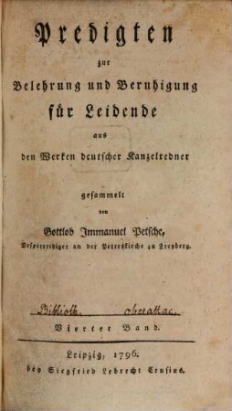 Predigten zur Belehrung und Beruhigung für Leidende : aus den Werken deutscher Kanzelredner gesammlet, 4