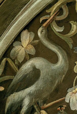 Ceres, gerahmt von zwei Korngarben, Blumen und Störchen