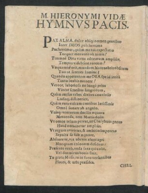 M. Hieronymi Vidae Hymnus Pacis. = Christophori Coleri Verteutschter Lobgesang Des Friedes.
