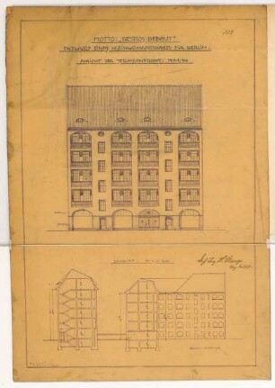 Kleinwohnungshaus Monatskonkurrenz November 1912: Aufriss Straßenansicht; Querschnitt Vorderhaus, Seitenflügel 1:200