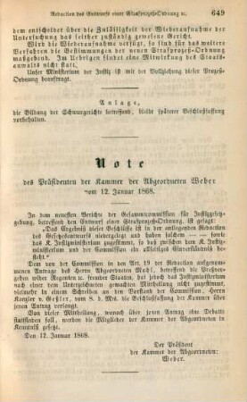 Note des Präsidenten der Kammer der Abgeordneten Weber