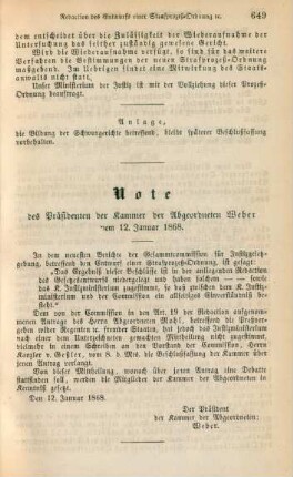 Note des Präsidenten der Kammer der Abgeordneten Weber