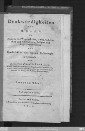 Zweyter Theil: Denkwürdigkeiten von Asien in Künsten und Wissenschaften, Sitten, Gebräuchen und Alterthümern, Religion und Regierungsverfassung : aus Handschriften und eigenen Erfahrungen gesammelt