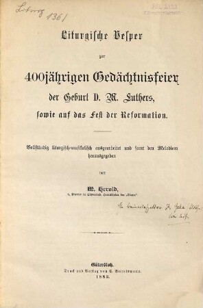 Liturgische Vesper : zur 400jähr. Gedächtnisfeier d. Geburt M. Luthers