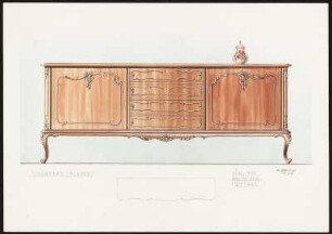 Sideboard im Rokokostil, mit Maßangabe und Draufsicht, außen zwei Türen, Mitte vier Schieber