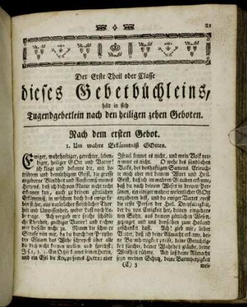 Der Erste Theil oder Classe dieses Gebetbüchleins, hält in sich Tugendgebetlein nach den heiligen zehen Geboten.