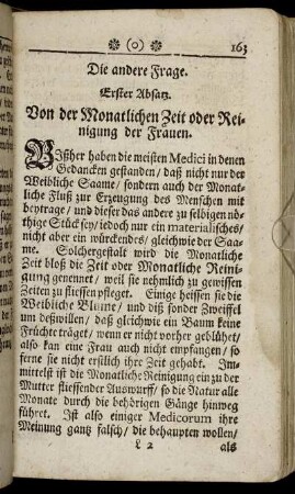 Erster Absatz. Von der Monatlichen Zeit oder Reinigung der Frauen.