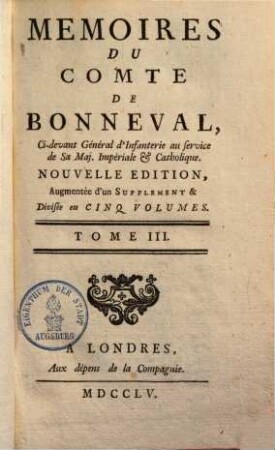 Mémoires du Compte de Bonneval : divisée en 5 vol., 3