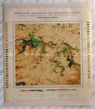 Topographische Karte der Gegend zwischen Rosswein, Nossen und Siebenlehn in Sachsen mit erdzeitgeschichtlicher Einordnung der Gesteinsformationen