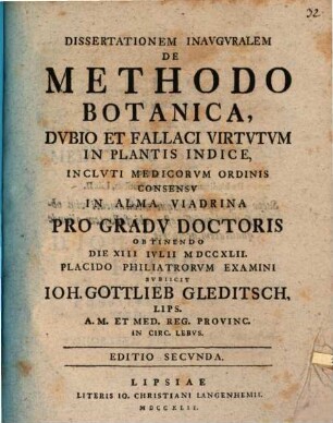 Diss. inaug. de methodo botanica, dubio et fallaci virtutum in plantis indice