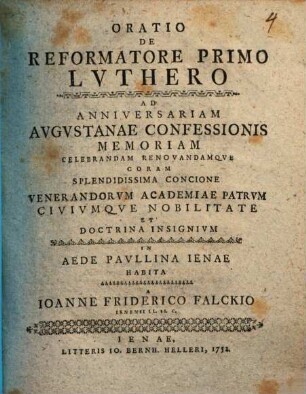 Oratio de reformatore primo Luthero