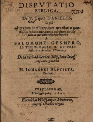 Disp. bibl. de V. capite Danielis : in qua ad textum intelligendum necessariae quaestiones excutiuntur, quae ad marginem notatae sunt