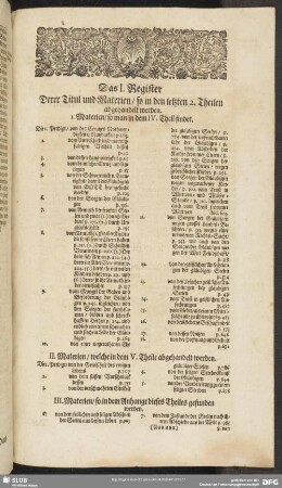 Das I. Register Derer Titul und Materien, so in den letzten 2. Theilen abgehandelt werden