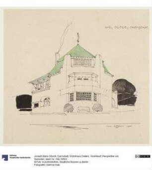 Darmstadt, Wohnhaus Deiters, Vorentwurf, Perspektive von Südosten