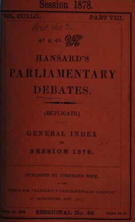 Hansard's parliamentary debates. General index to session. 1878