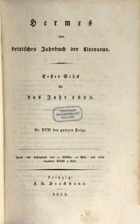 Hermes oder kritisches Jahrbuch der Literatur. 1823,1