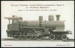 3/5 gek. 4 Cylinder Verbund-Schnellzuglokomotive Classe D der Württemb. Staatsbahn.