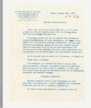 Brief der Union des Femmes du Vietnam an Ingeborg Küster von 1977