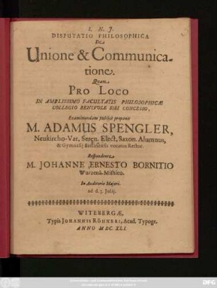 Disputatio Philosophica De Unione & Communicatione