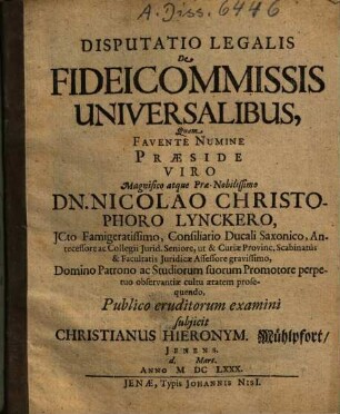 Disputatio Legalis De Fideicommissis Universalibus