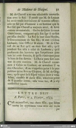 Lettre DXIV. A Paris, ce 2. Février, 1689