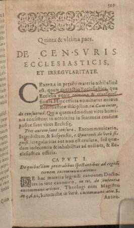 Quinta & vltima pars. De Censvris Ecclesiasticis, Et Irregvlaritate.