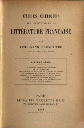 Études critiques sur l'histoire de la littérature française. VI