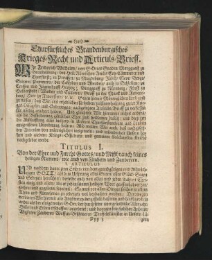 Churfürstliches Brandenburgisches Krieges-Recht und Articuls-Brieff.
