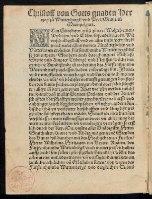Christoff von Gotts gnaden Hertzog zu Wirttenbergk/ und Deck/ Grave zu Mümpelgart.