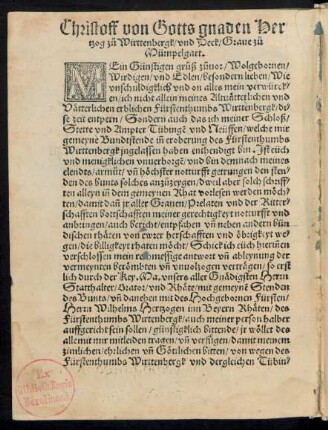 Christoff von Gotts gnaden Hertzog zu Wirttenbergk/ und Deck/ Grave zu Mümpelgart.