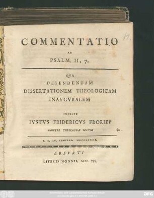 Commentatio Ad Psalm. II, 7. : A. D. IV. Febrvar. MDCCLXXXIII.