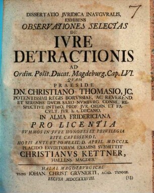 Dissertatio iuridica inauguralis exhibens observationes selectas de iure detractionis