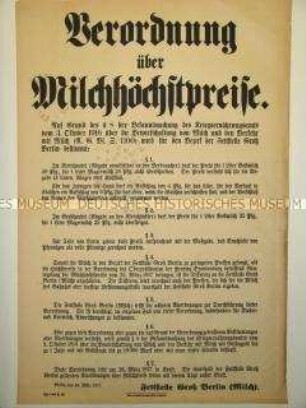Verordnung des Kriegsernährungsamtes über die Festsetzung der Höchstpreise für Milch