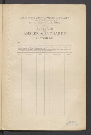 Aufträge für Amsler & Ruthardt zur Auction XXV