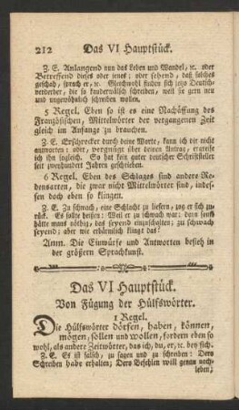 Das VI Hauptstück. Von Fügung der Hülfswörter.