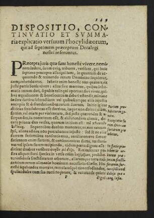 Dispositio, Continuatio Et Summaria explicatio versuum Phocylidaeorum, qui ad septimum praeceptum Decalogi nostri referuntur.