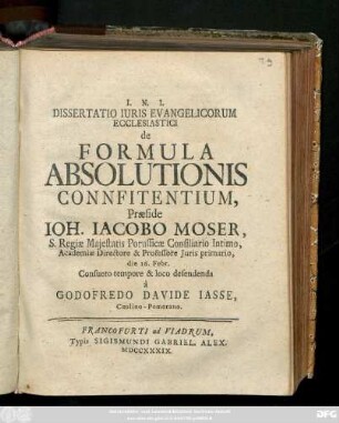 Dissertatio Iuris Evangelicorum Ecclesiastici De Formula Absolutionis Connfitentium