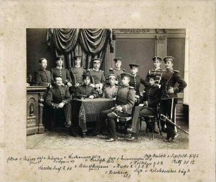 Offiziere (dreizehn Personen) verschiedener Regimenter, Erinnerung des abgebildeten Freiherrn von Gemmingen, Oberst, in Fotoatelier, teils stehend oder um einen Tisch sitzend
