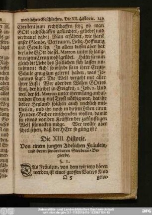 Die XIII. Historie. Von einem jungen Adelichen Fräulein, und deren sonderbaren Sterbens-Begierde.