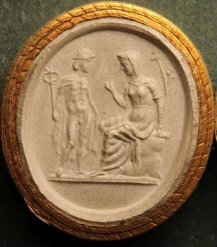 Juno (Hera) sitzend, vor ihr steht Mercurius (Hermes) (Daktyliothek, Supplement)