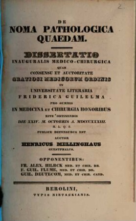 De noma pathologica quaedam : dissertatio inauguralis medico-chirurgica